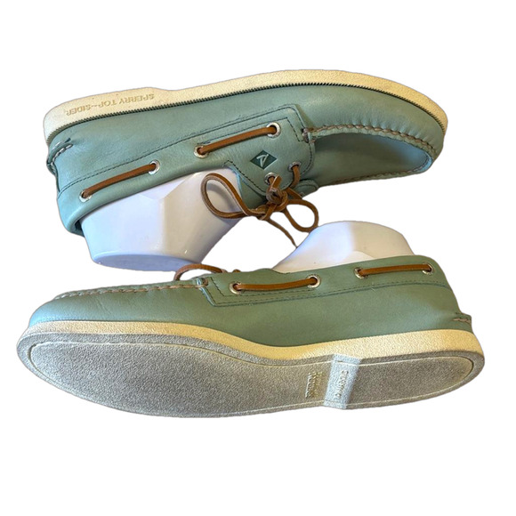 Sperry Boat Shoes 9 Men Blue Green Leather Top Sider Slide On Casual Beach - Picture 5 of 9